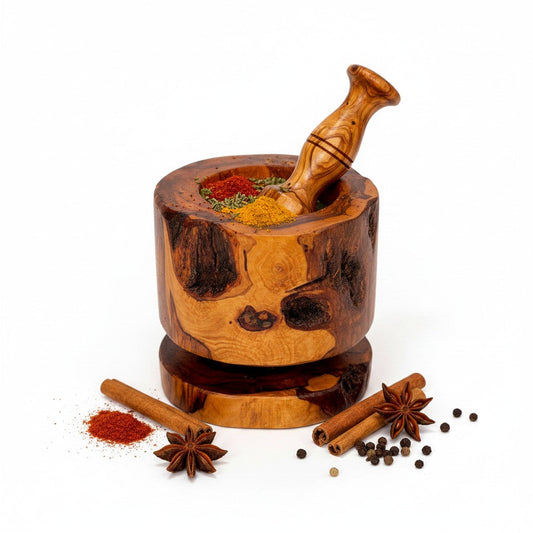 Handmade Olive Wood Burl Mortar and Pestle with Separate Base | Premium Spice Herb Garlic & Pepper Grinder | Rare Natural Grain | 10–16 cm