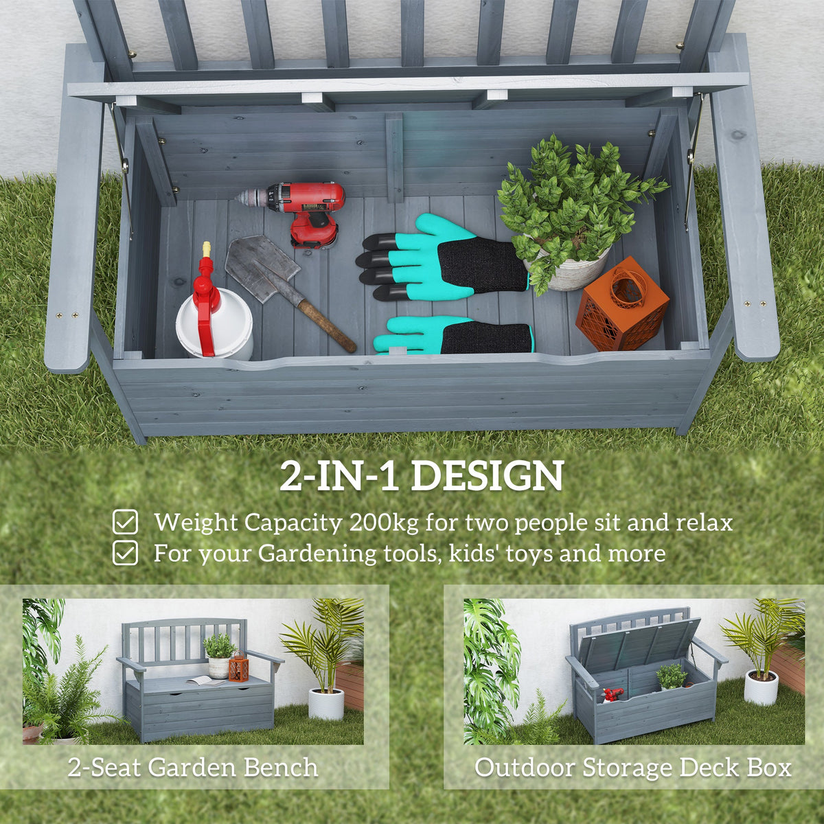Outsunny Garden Storage Bench, 2 Seater Fir Wood Outdoor Bench, Dark Grey