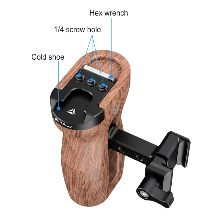 PULUZ Universal Slide Quick Release Side Wooden Handle with Cold Shoe Mount for Camera Cage Stabilizer