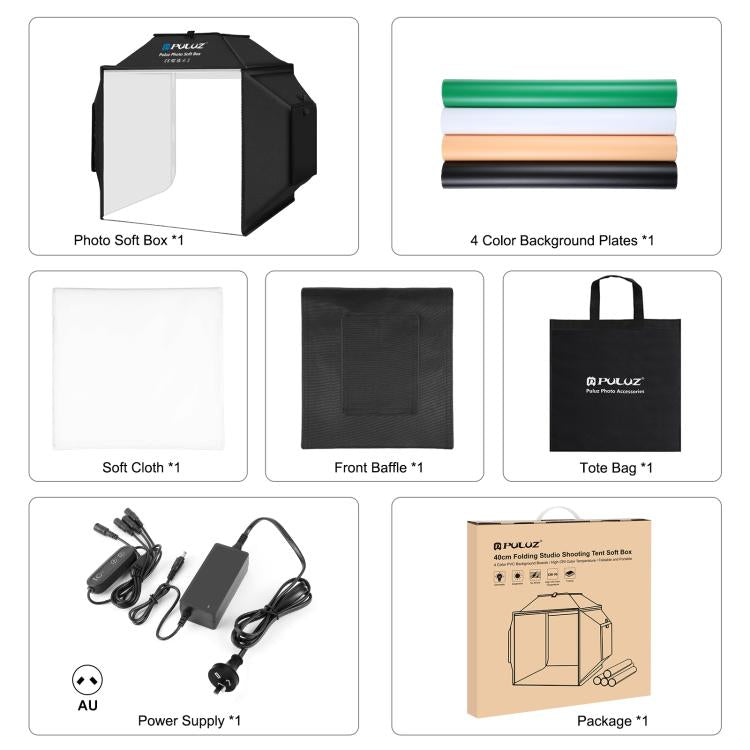 PULUZ 40cm Folding 72W 5500K Studio Shooting Tent Soft Box Photography Lighting Kit with 4 Colors (Black, Orange, White, Green) Backdrops, 40cm Folding 72W(US Plug), 40cm Folding 72W(AU Plug), 40cm Folding 72W(EU Plug), 40cm Folding 72W(UK Plug)