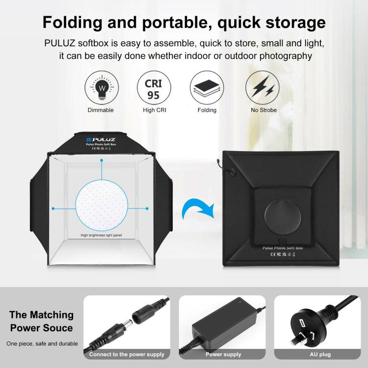 PULUZ 40cm Folding 72W 5500K Studio Shooting Tent Soft Box Photography Lighting Kit with 4 Colors (Black, Orange, White, Green) Backdrops, 40cm Folding 72W(US Plug), 40cm Folding 72W(AU Plug), 40cm Folding 72W(EU Plug), 40cm Folding 72W(UK Plug)