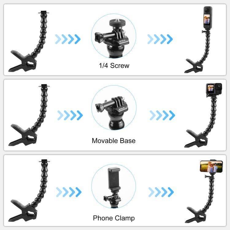 PULUZ Action Sports Cameras Jaws Flex Clamp Mount with Phone Clamp (Black)