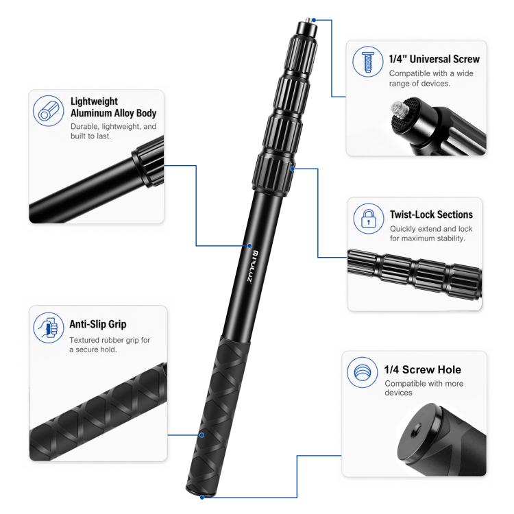 PULUZ 1.5m Aluminum Alloy Invisible Selfie Stick Anti-Shake Vlog Locking Telescopic Extension Monopod