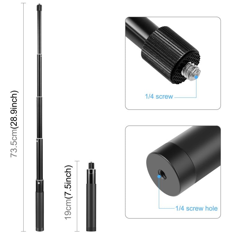 PULUZ 73.5cm Metal Selfie Stick Monopod with Invisible Adapter Base & Screw for Insta360 One RS / X2 / X3 / DJI Osmo 360, 70cm Monopod