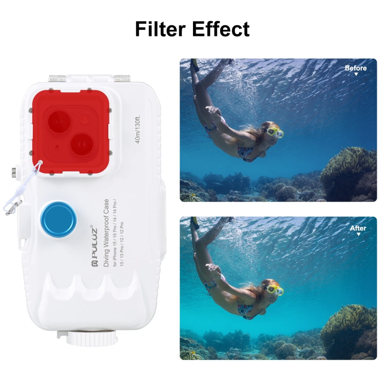 PULUZ 40m/130ft Waterproof Diving Case for iPhone 15 / 15 Pro / 14 / 14 Pro / 13 / 13 Pro / 12 / 12 Pro, with One-way Valve Photo Video Taking Underwater Housing Cover(White)