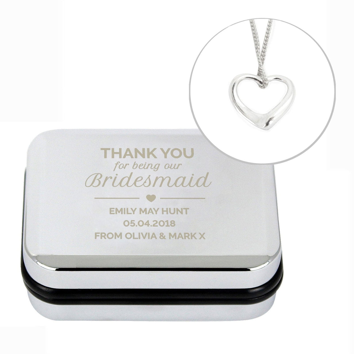 Personalised Bridesmaid Box And Heart Necklace