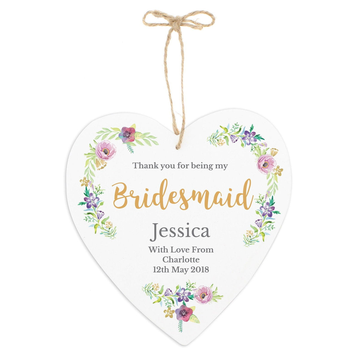 Personalised Bridesmaid 'Floral Watercolour Wedding' Large Wooden Heart Decoration