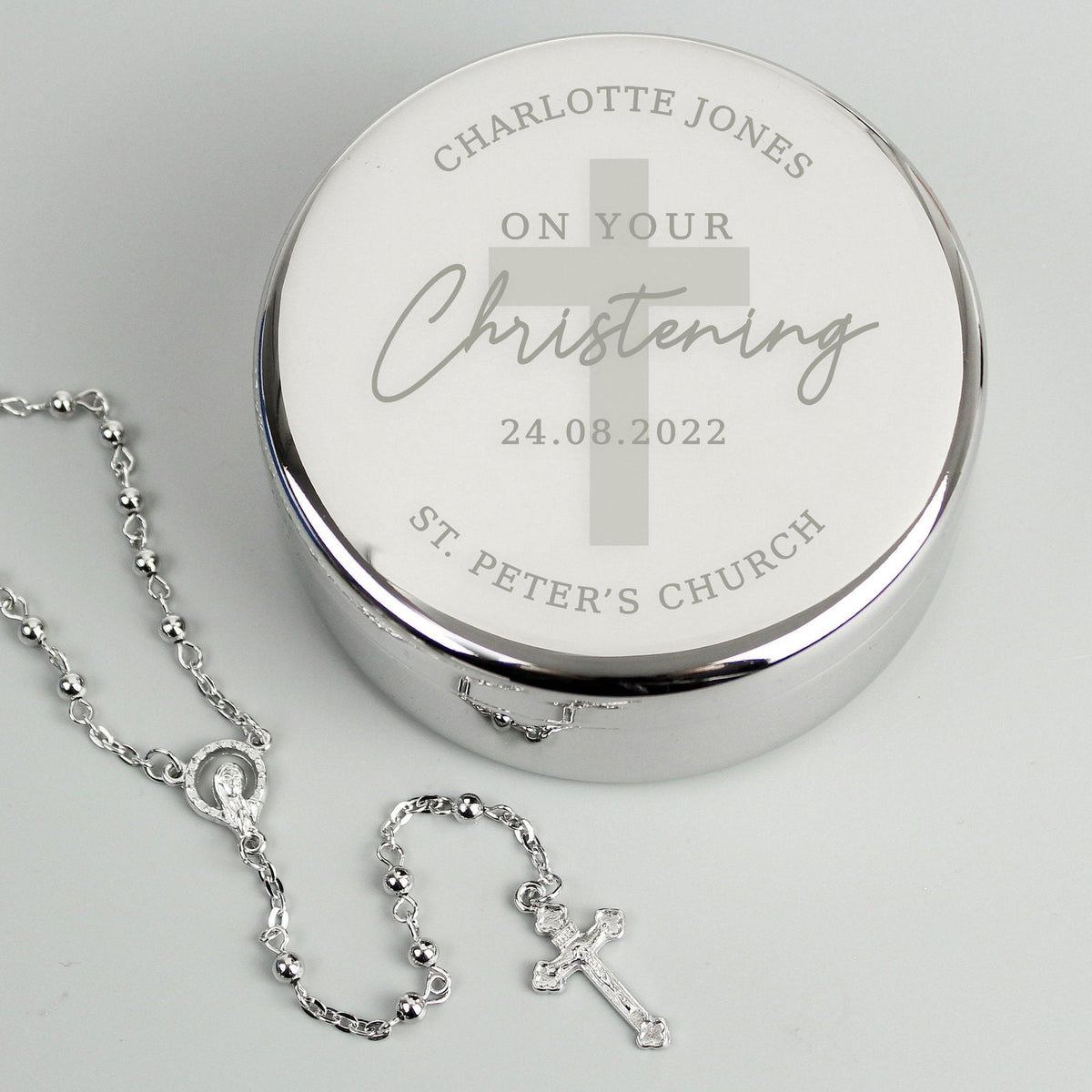 Personalised Christening Gift - Round Trinket Box & Rosary Beads Set