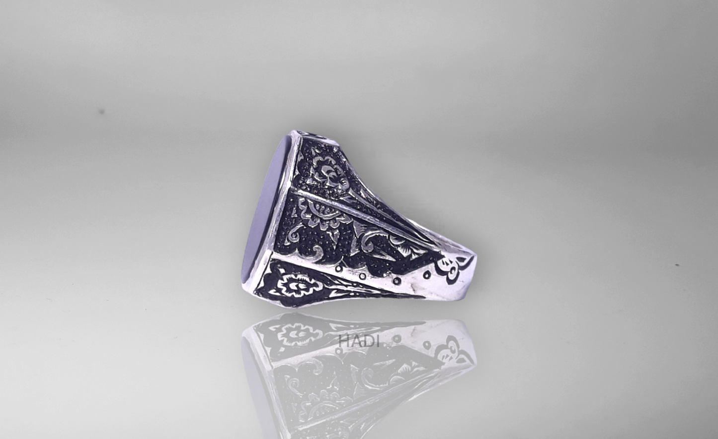 Men Signet Rings - Elegant Sterling Silver Ring in Black Onyx - One Side Plain One Side Engraved- 14k White-Gold Plated with Matte and Shiny Finishing