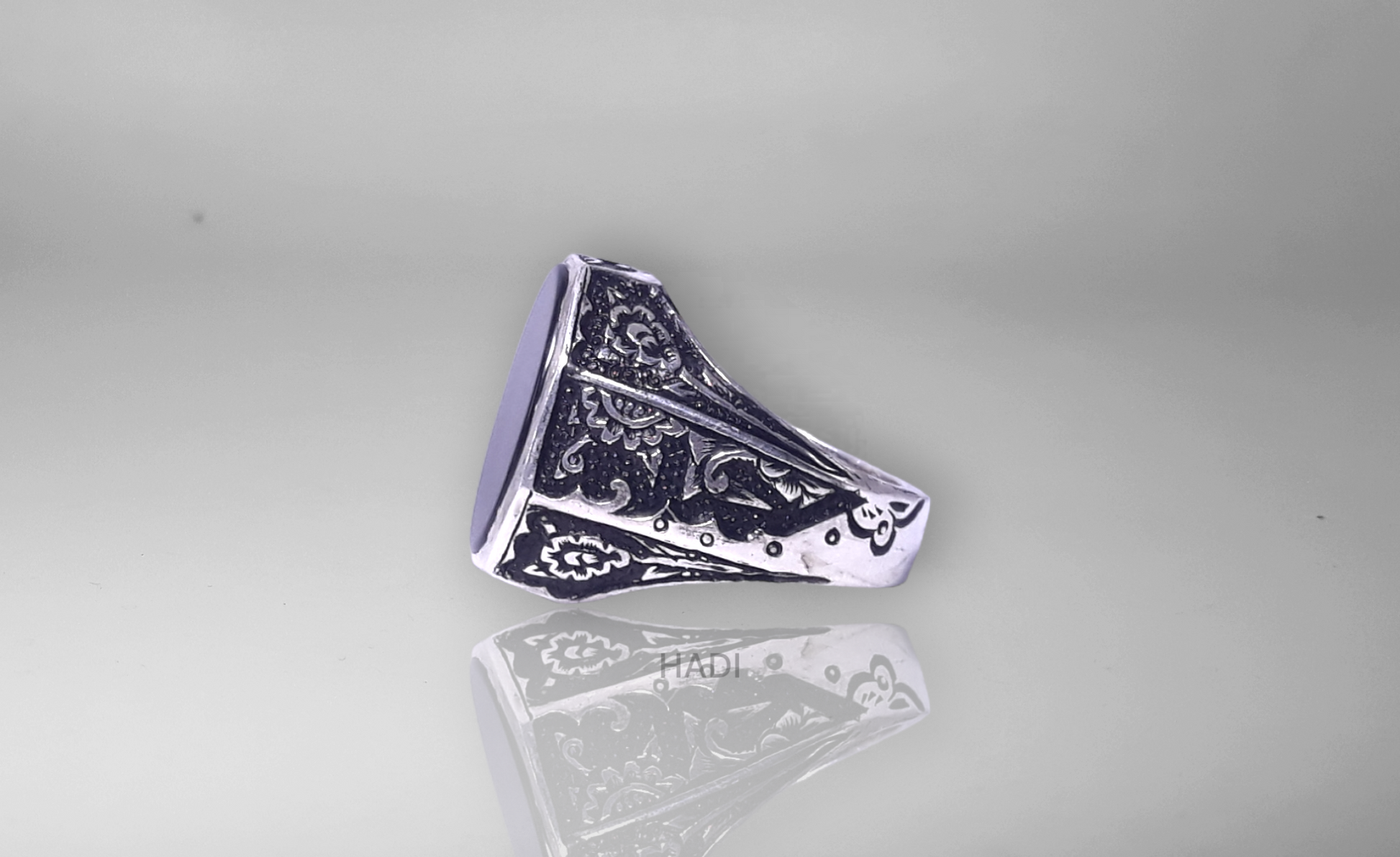 Men Signet Rings - Elegant Sterling Silver Ring in Black Onyx - One Side Plain One Side Engraved- 14k White-Gold Plated with Matte and Shiny Finishing