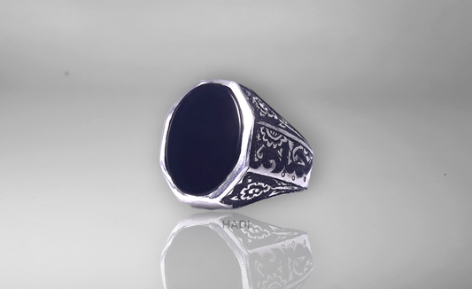 Men Signet Rings - Elegant Sterling Silver Ring in Black Onyx - One Side Plain One Side Engraved- 14k White-Gold Plated with Matte and Shiny Finishing