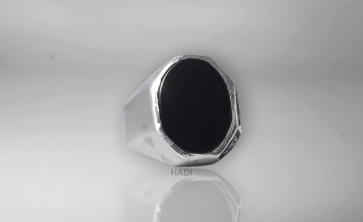 Men Signet Rings - Elegant Sterling Silver Ring in Black Onyx - One Side Plain One Side Engraved- 14k White-Gold Plated with Matte and Shiny Finishing