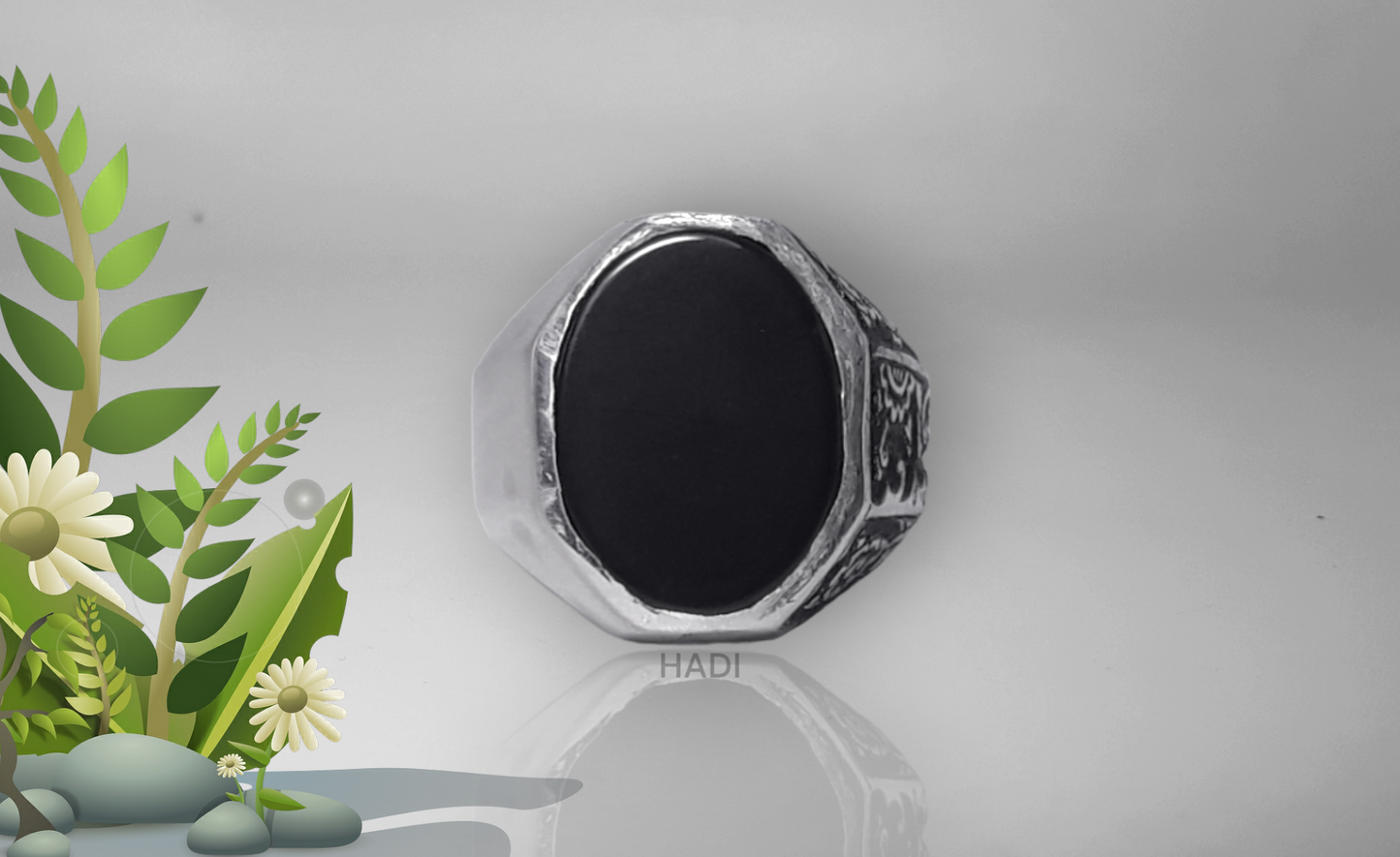 Men Signet Rings - Elegant Sterling Silver Ring in Black Onyx - One Side Plain One Side Engraved- 14k White-Gold Plated with Matte and Shiny Finishing