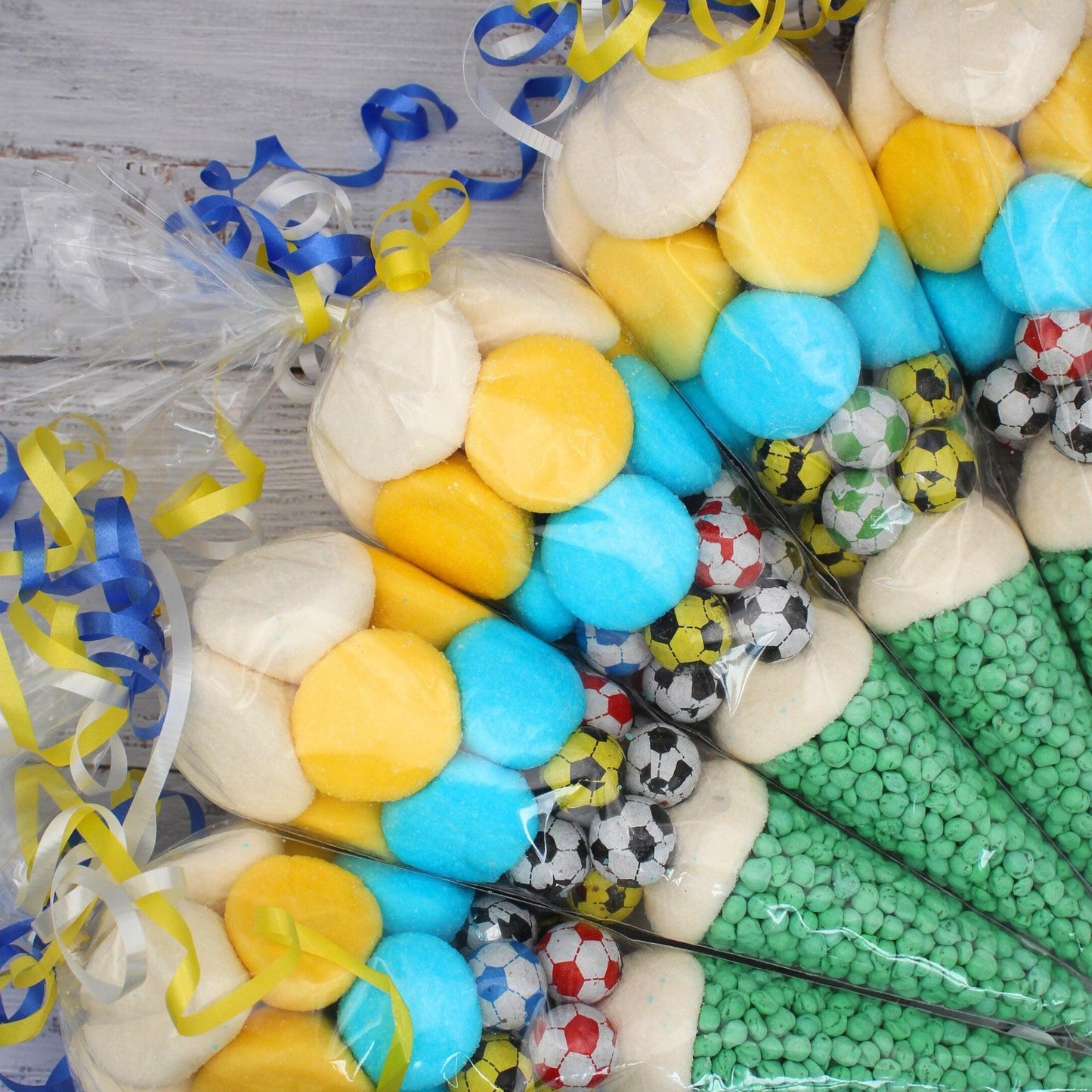 Prefilled Blue, Yellow and White Football-Inspired Sweet Cone