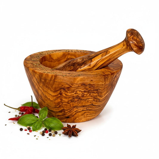 Artisan Olive Wood Mortar and Pestle Set – Hand-Carved Natural Spice Grinder & Herb Crusher – Rustic Kitchen Essential (Sizes 8cm to 16cm)