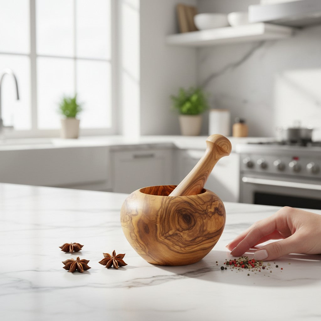Handmade Olive Wood Round Mortar and Pestle Set | Hand-Turned Wooden Spice Herb Salt & Pepper Grinder | Unique Natural Grain | 8–16 cm