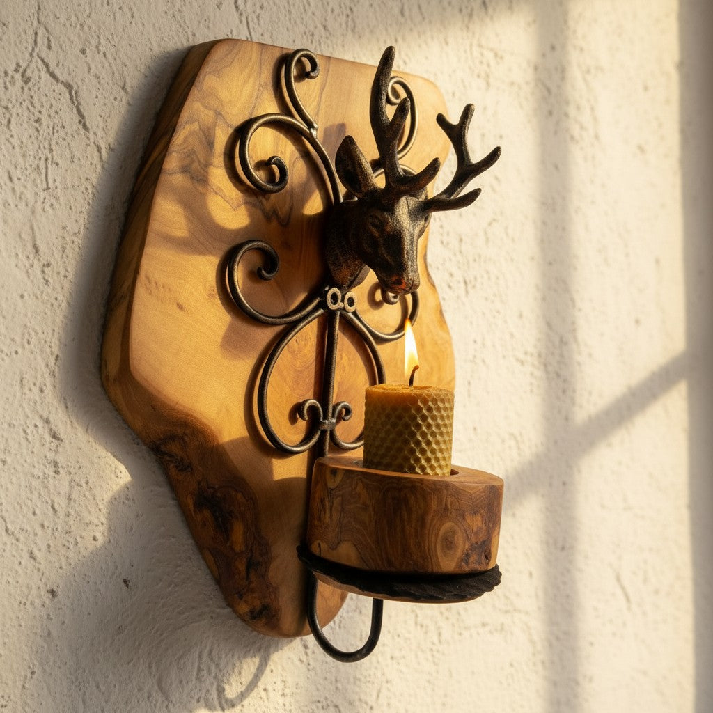 Rustic Olive Wood Stag Candle Holder Wall Sconce | Luxury Live Edge Deer Decor