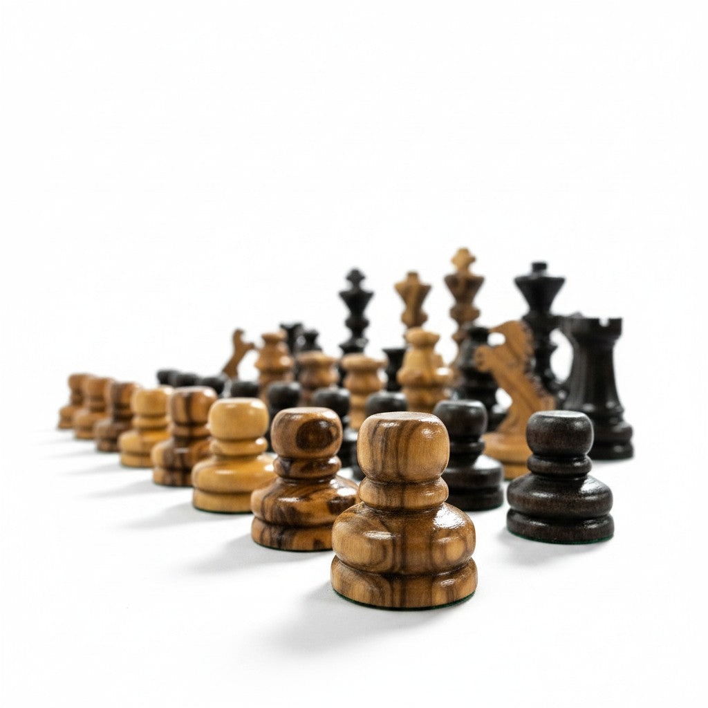 Handcrafted Olive Wood Chess Pieces Set of 32 - Wooden Chessmen