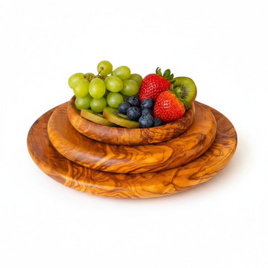 Olive Wood Circular Serving Board Platter | Round Wooden Charcuterie Tray Set