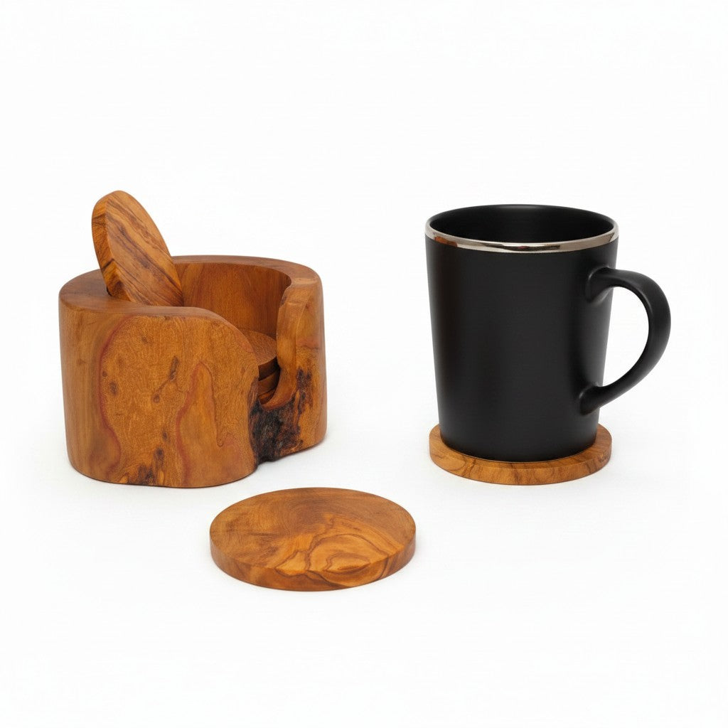 Olive Wood Coaster Set with Holder | Rustic Drink Coasters Coffee Table Mats