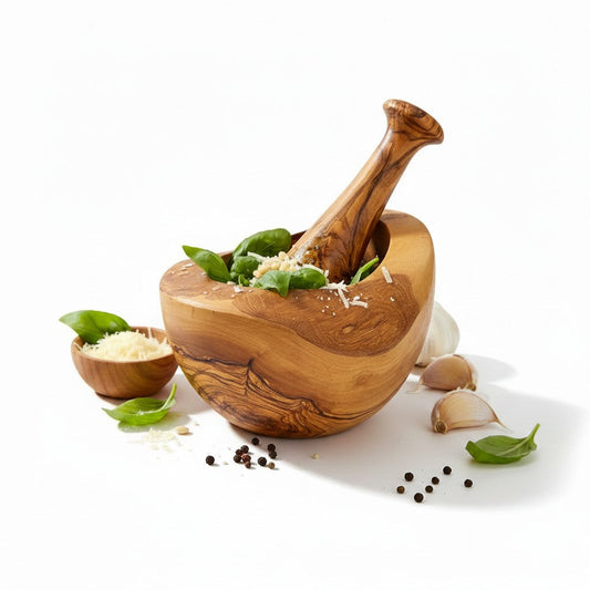 Handmade Olive Wood Square-Top Mortar and Pestle Set | Deep Herb Spice Garlic & Pesto Grinder | Unique Natural Grain | 8–16 cm