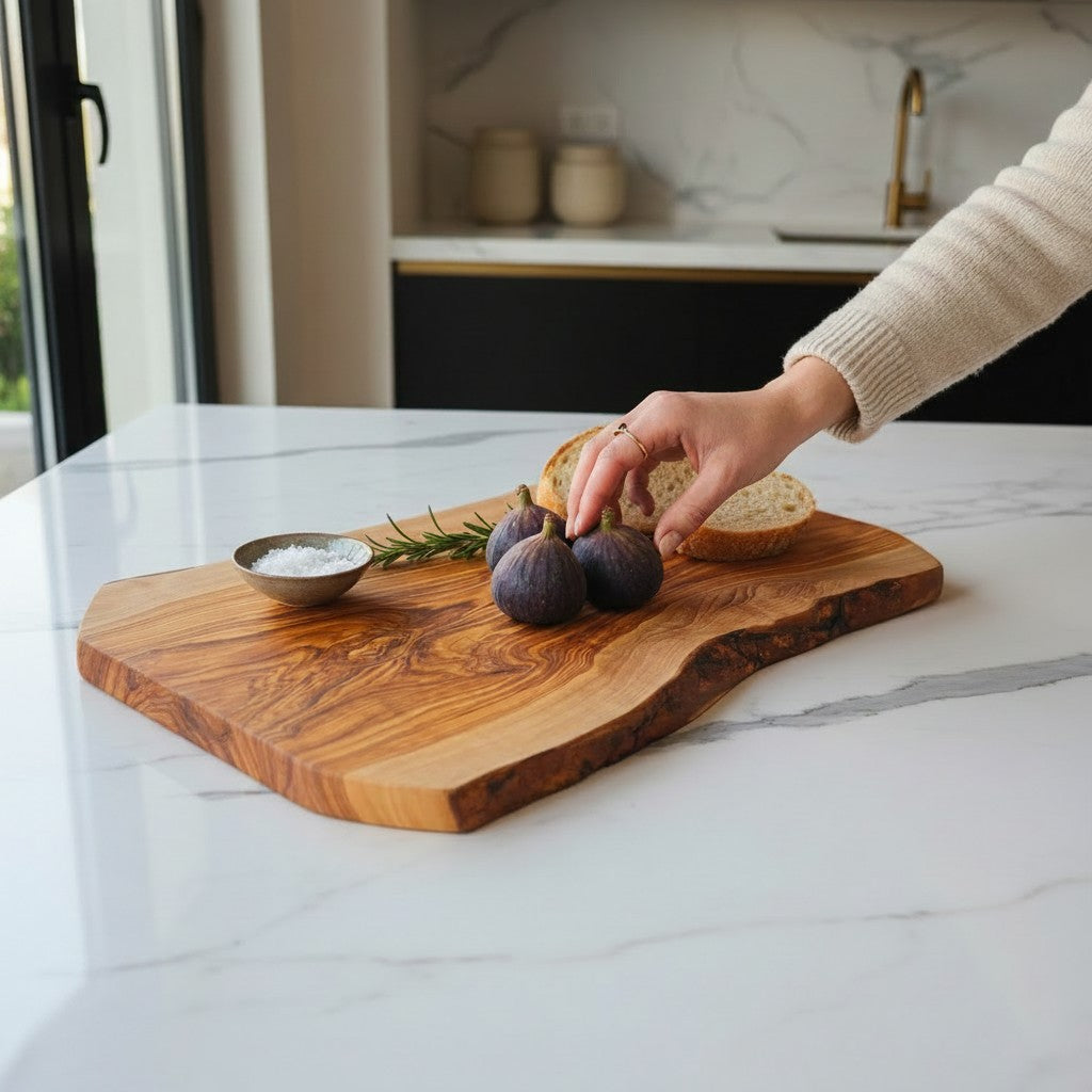 Handmade Olive Wood Live Edge Cutting Board — Rustic Charcuterie & Serving Board | Natural Bark Edge