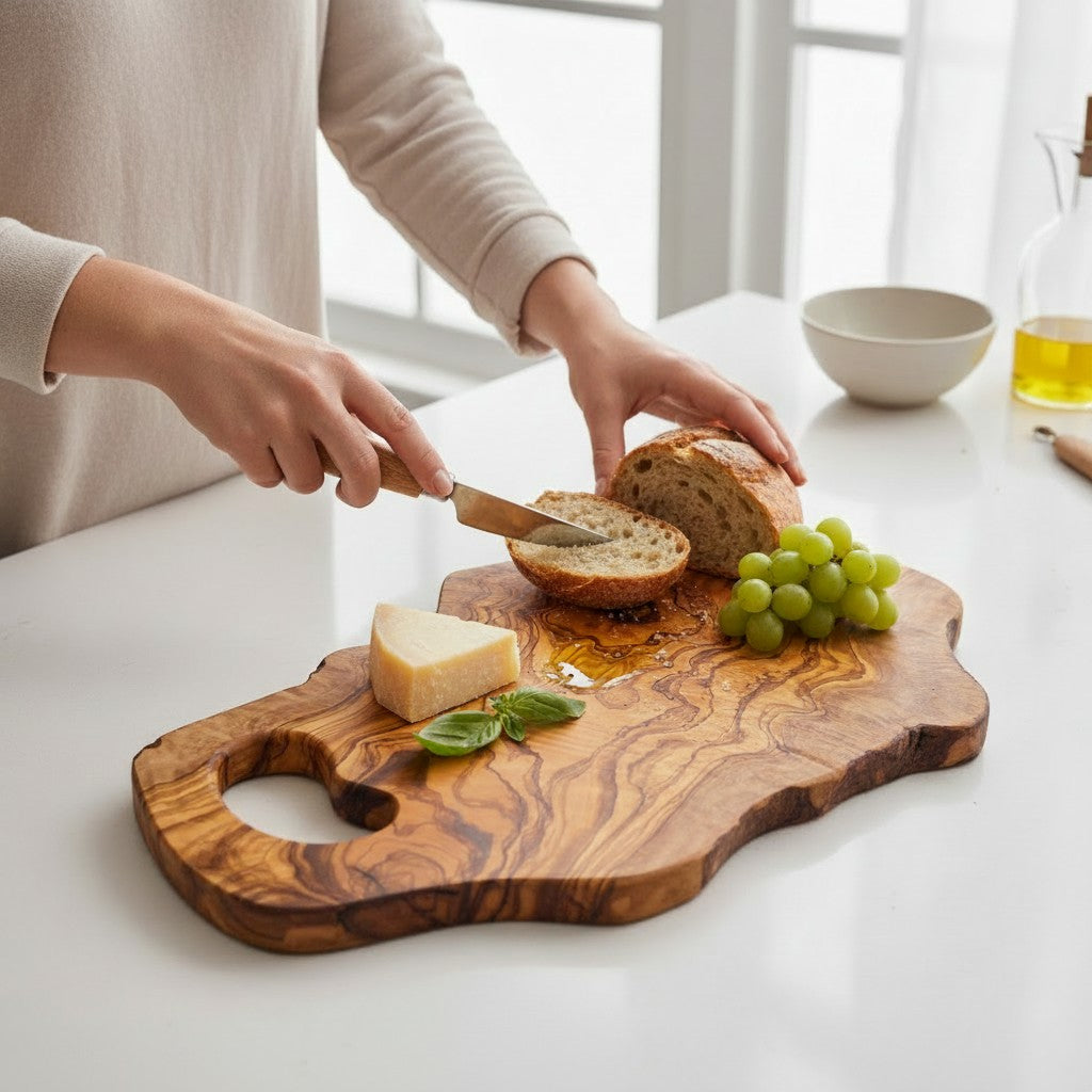 Handmade Olive Wood Freeform Cutting Board with Handle | Live Edge Charcuterie & Serving Board | Unique Natural Grain | 40–80 cm