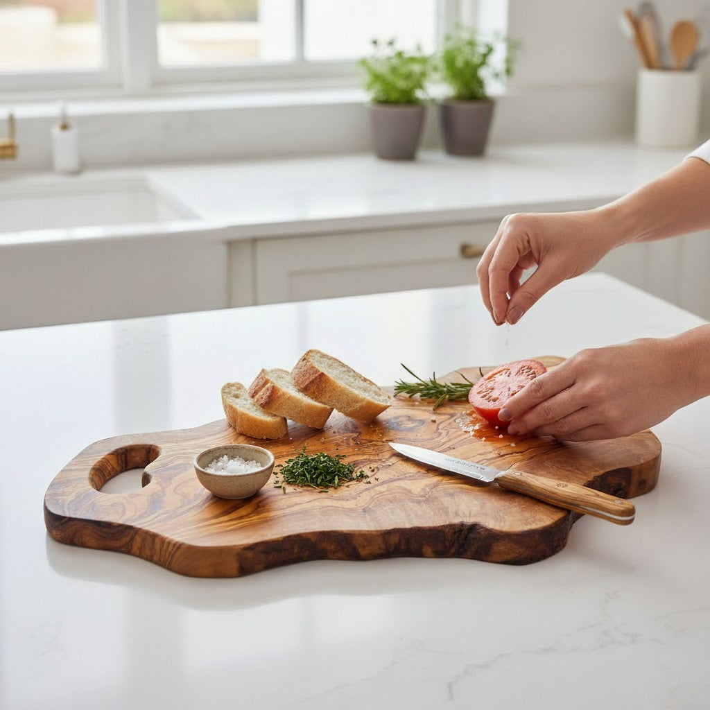 Handmade Olive Wood Freeform Cutting Board with Handle | Live Edge Charcuterie & Serving Board | Unique Natural Grain | 40–80 cm