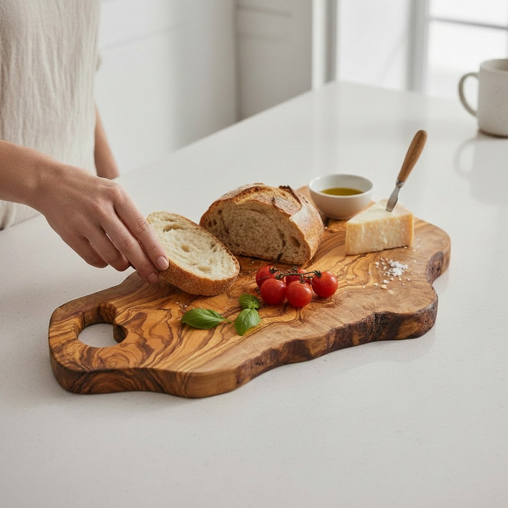 Handmade Olive Wood Freeform Cutting Board with Handle | Live Edge Charcuterie & Serving Board | Unique Natural Grain | 40–80 cm
