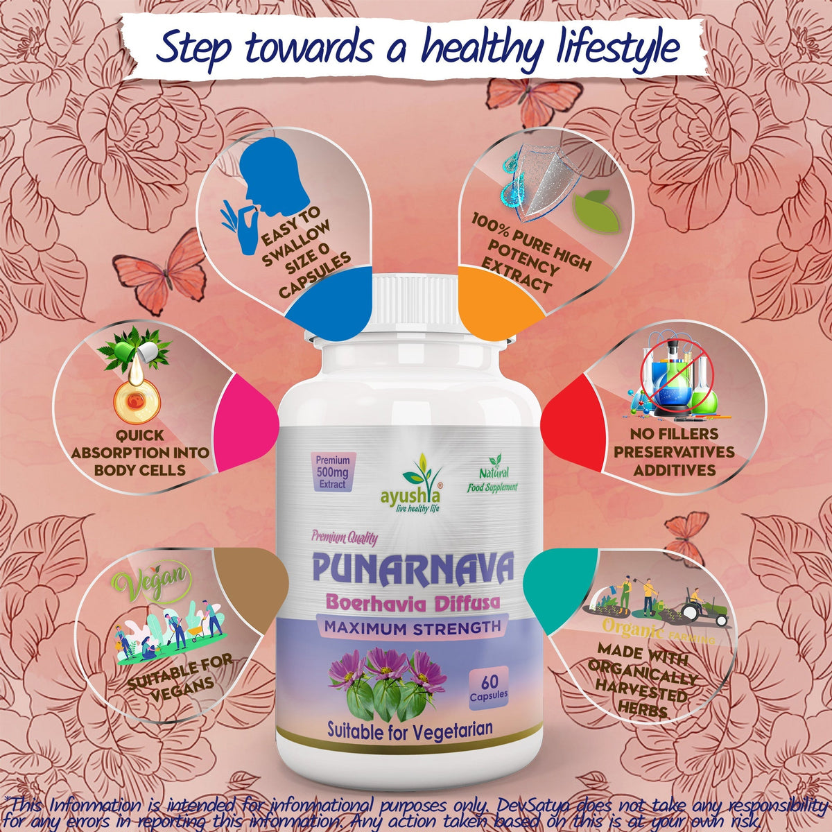 Ayushya Punarnava Capsules (Boerhavia Diffusa, Hogweed) Urinary Wellness Support - Vegan, Gluten Free, Non-GMO, 60 Capsules