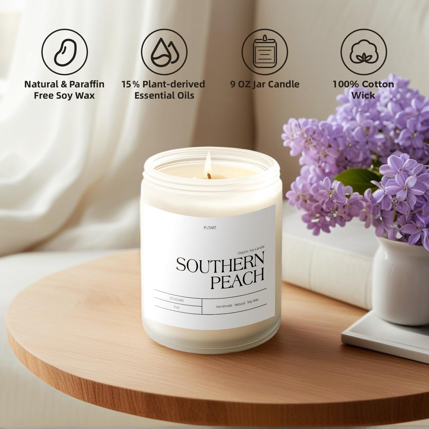 Putart Peach Scented Candle – 9oz Natural Soy Wax, Aromatherapy for Stress Relief