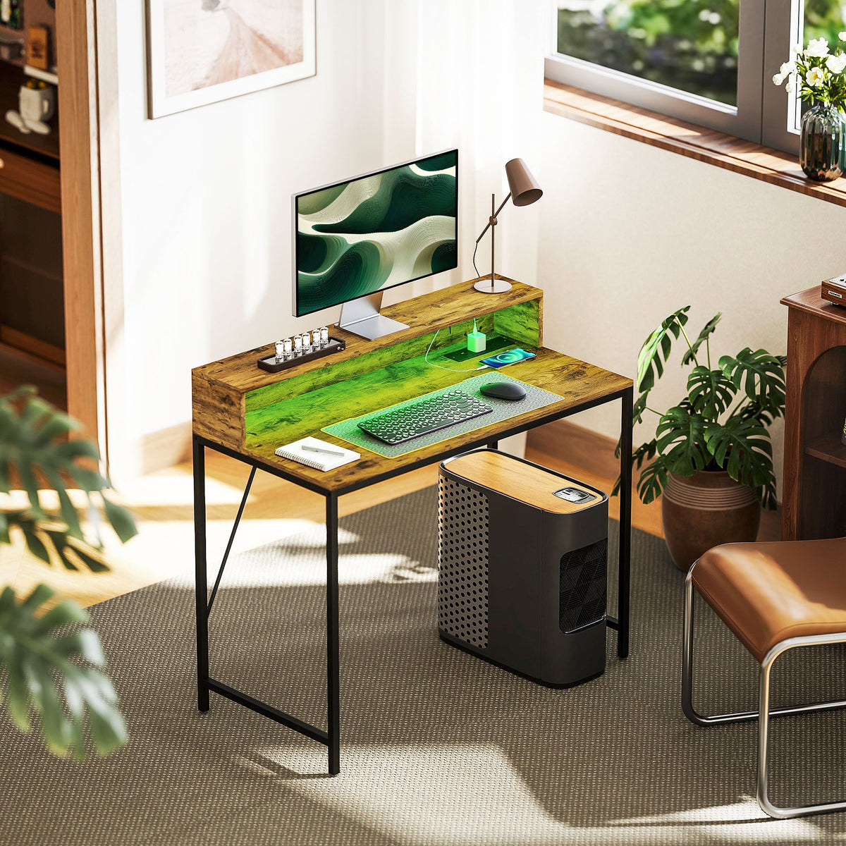 HOMCOM Computer Desk with LED Lights, Study Table with Shelf, Rustic Brown