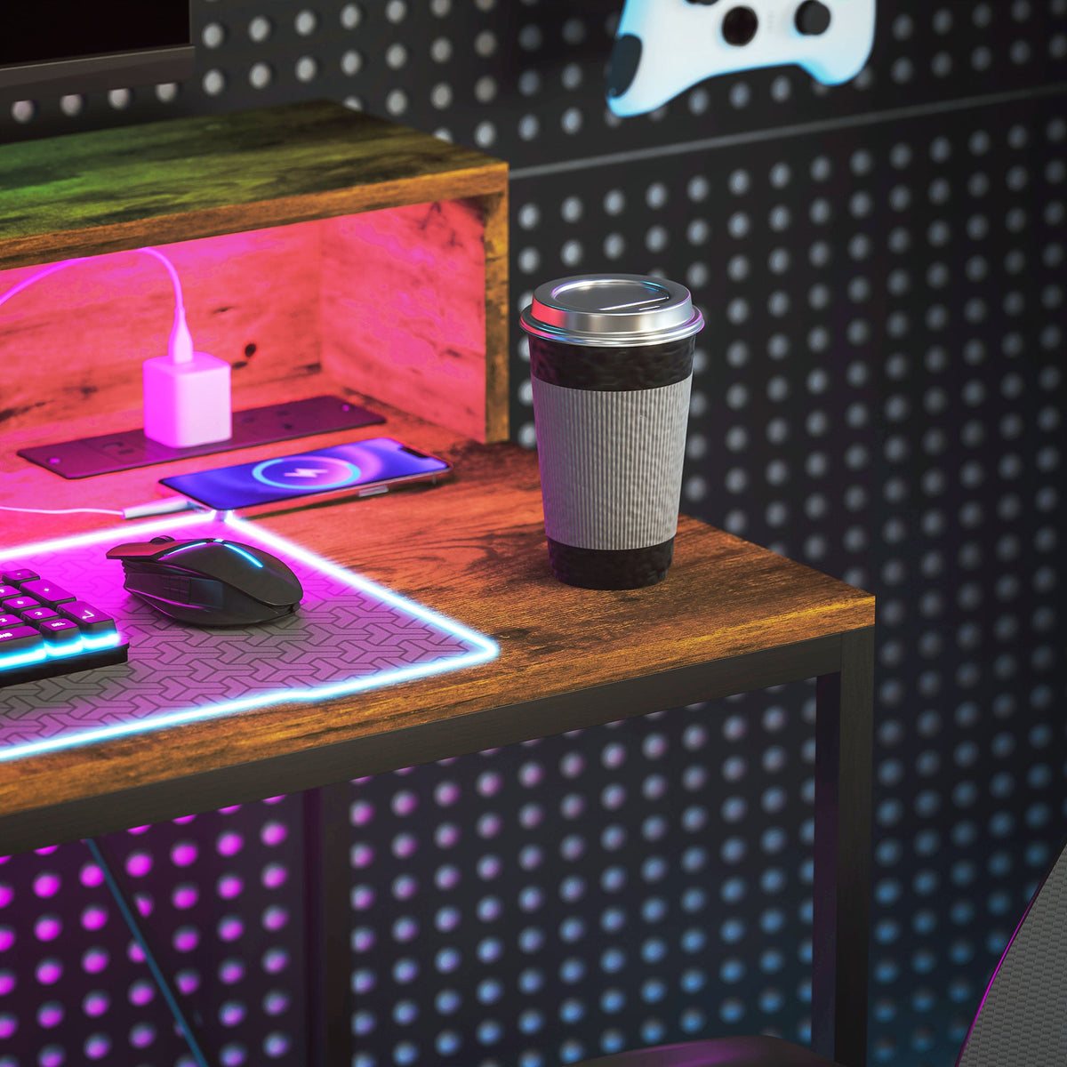 HOMCOM Computer Desk with LED Lights, Study Table with Shelf, Rustic Brown