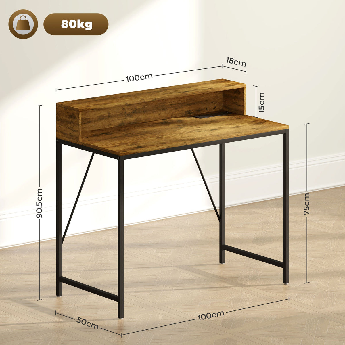 HOMCOM Computer Desk with LED Lights, Study Table with Shelf, Rustic Brown
