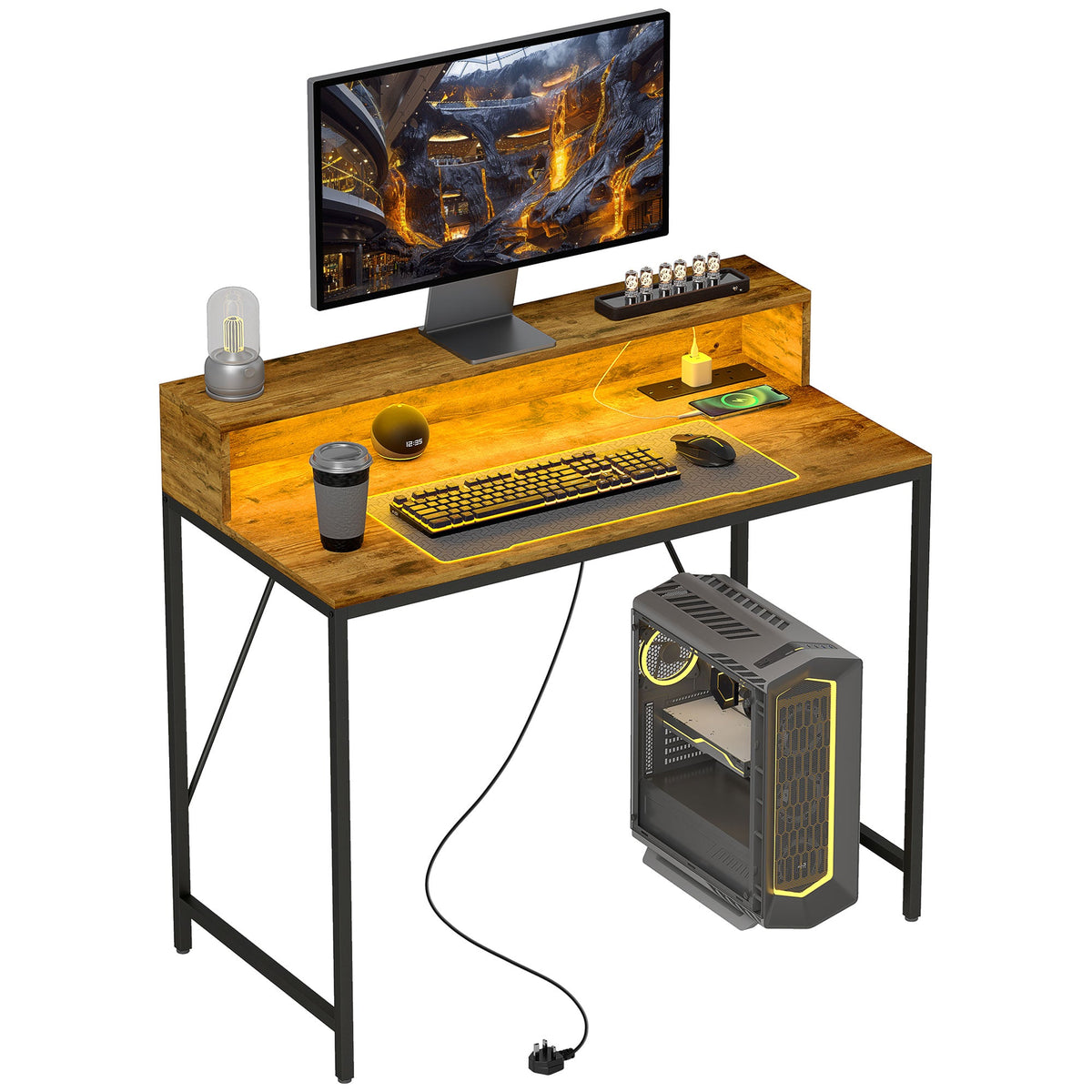 HOMCOM Computer Desk with LED Lights, Study Table with Shelf, Rustic Brown