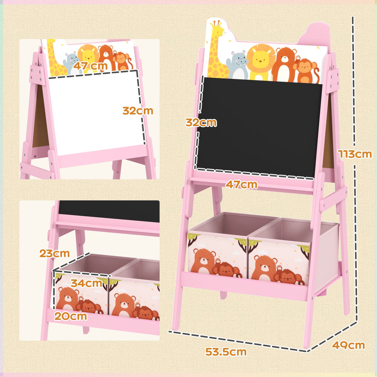 AIYAPLAY 2 in 1 Kids Easel with Whiteboard, Chalkboard, Storage Boxes, Pink