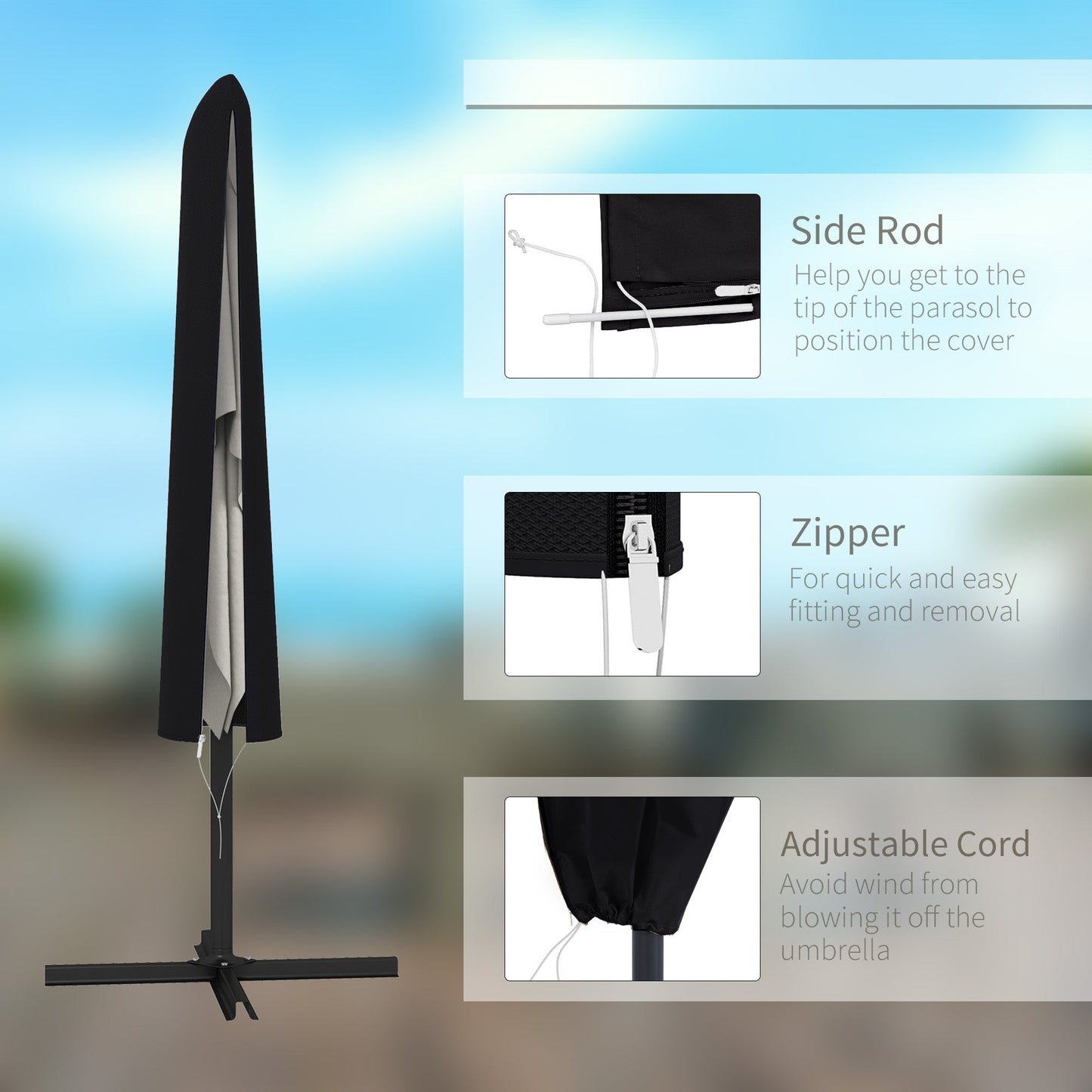 Outsunny Garden Parasol Cover for 2-4m Outdoor Umbrella Protector w/ Rod, Zipper