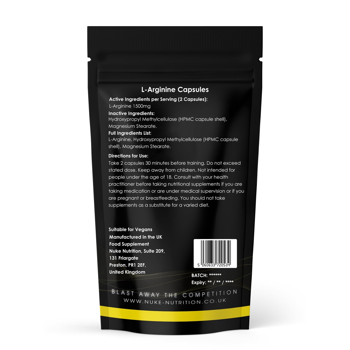 L-Arginine 1500mg High Strength Pre Workout Nitric Oxide Pump Capsules