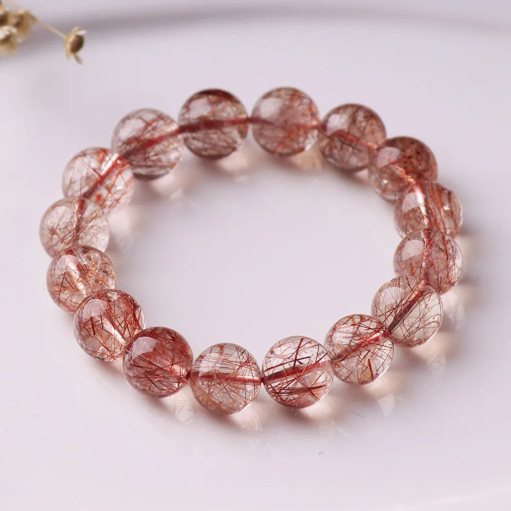 Natural Red Rutilated Quartz Gemstone Bracelet, Size 7-15mm
