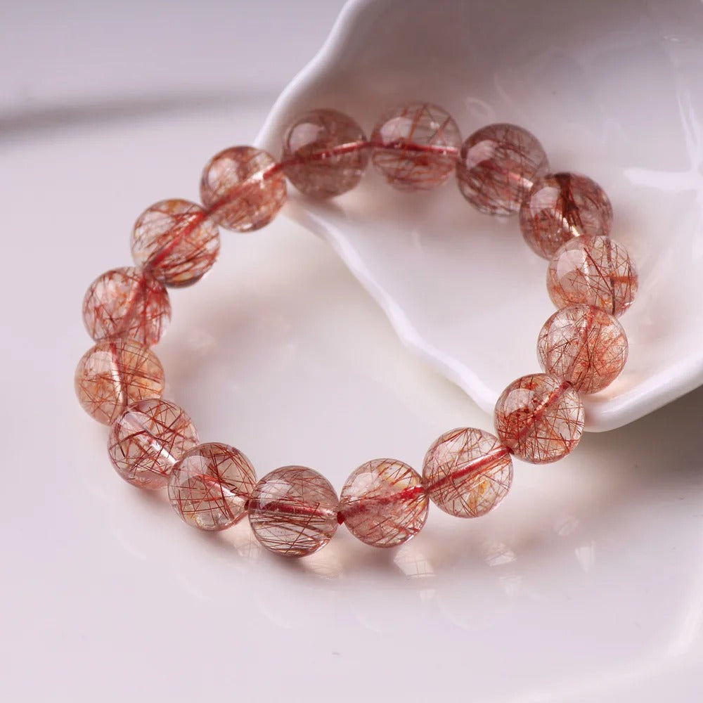 Natural Red Rutilated Quartz Gemstone Bracelet, Size 7-15mm