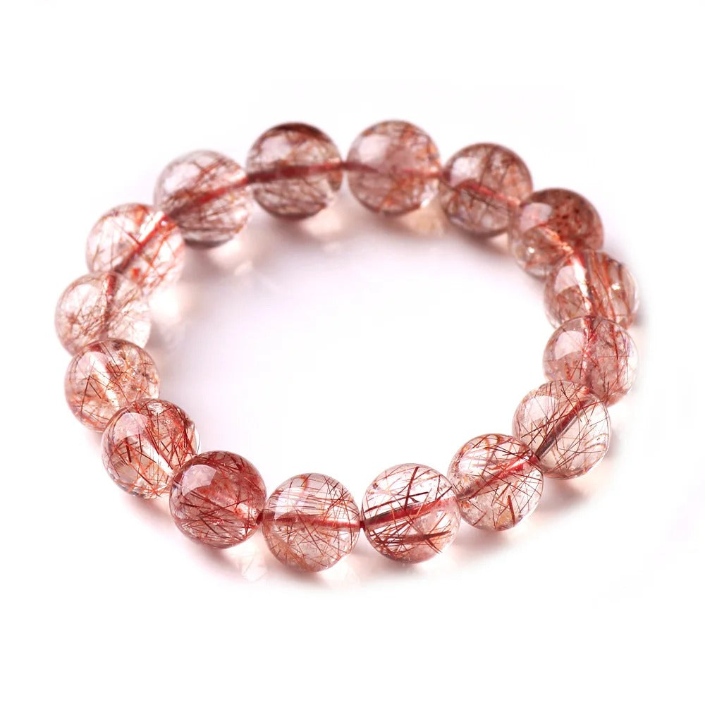 Natural Red Rutilated Quartz Gemstone Bracelet, Size 7-15mm