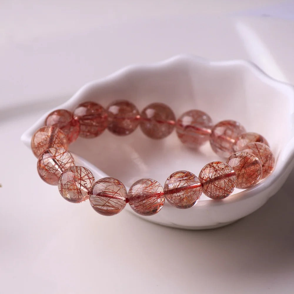 Natural Red Rutilated Quartz Gemstone Bracelet, Size 7-15mm