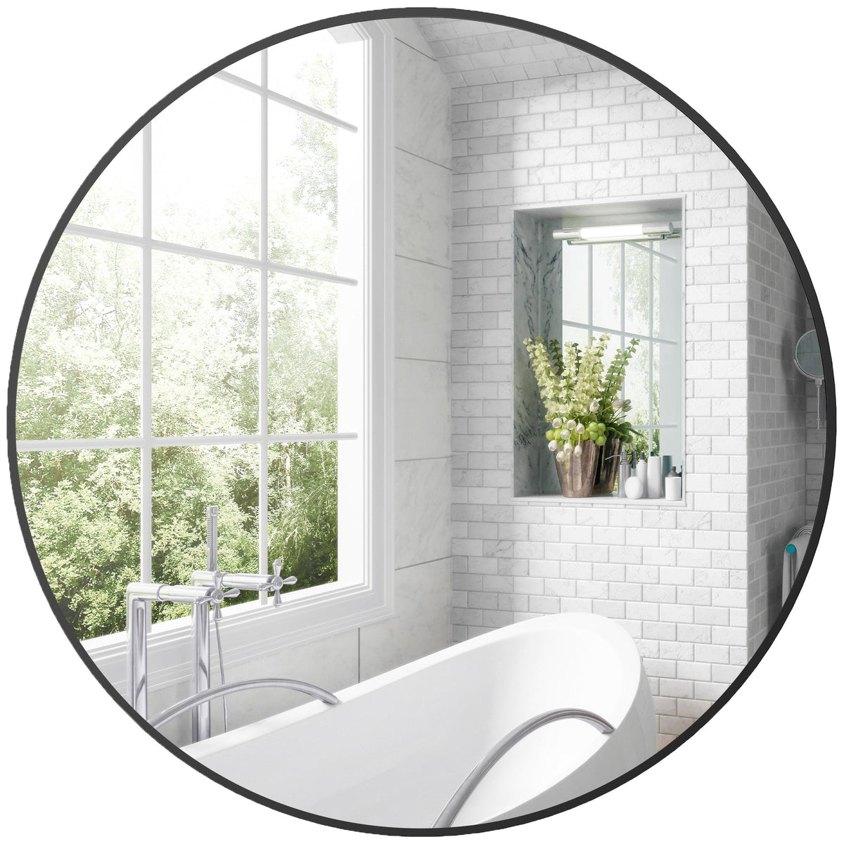HOMCOM Round Bathroom Mirror, Modern Wall Mirror with Steel Frame, Black