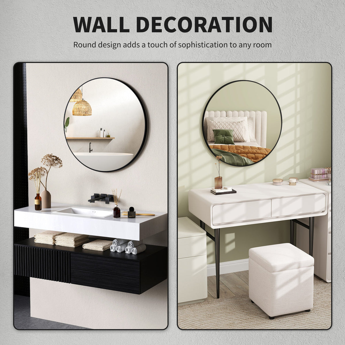 HOMCOM Round Bathroom Mirror, Modern Wall Mirror with Steel Frame, Black