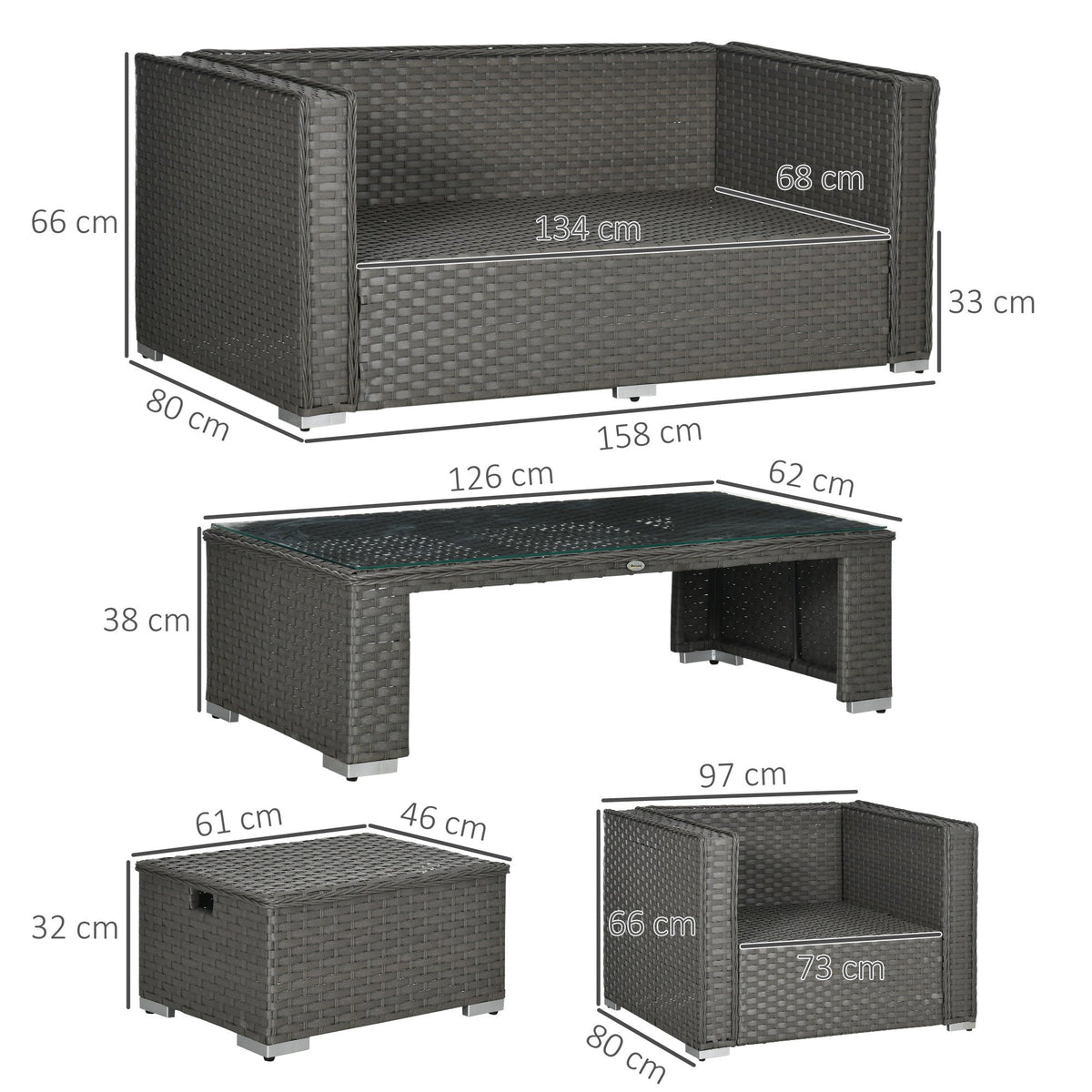 Rattan Set, 6 PC-Grey