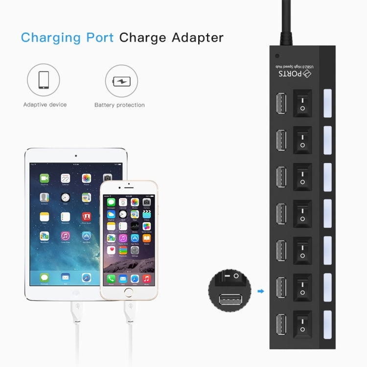 7 Ports USB Hub 2.0 USB Splitter High Speed 480Mbps with ON/OFF Switch / 7 LEDs, 7 Ports (White), 7 Ports (Black)