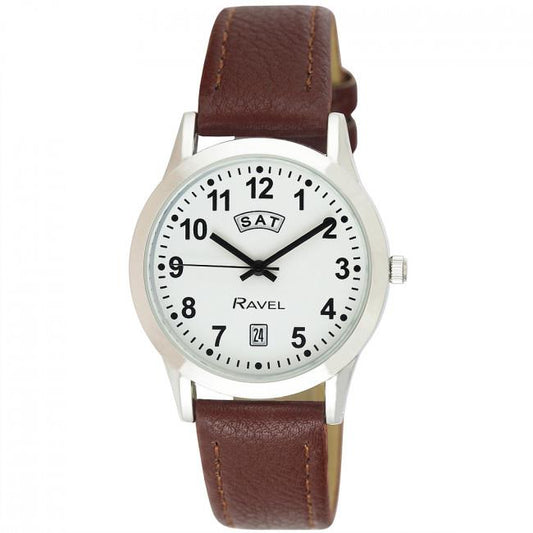 Ravel Ravel Mens Stainless Steel Day/Date Brown Faux Leather Strap Watch R0706.41.1