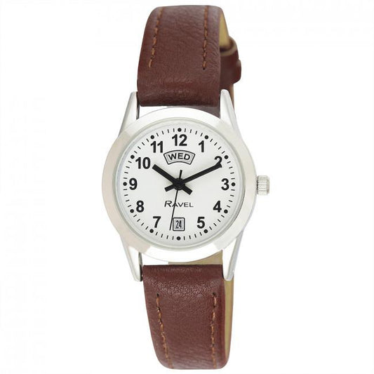 Ravel Ravel Womens Stainless Steel Day/Date Brown Faux Leather Strap Watch R0706.41.2