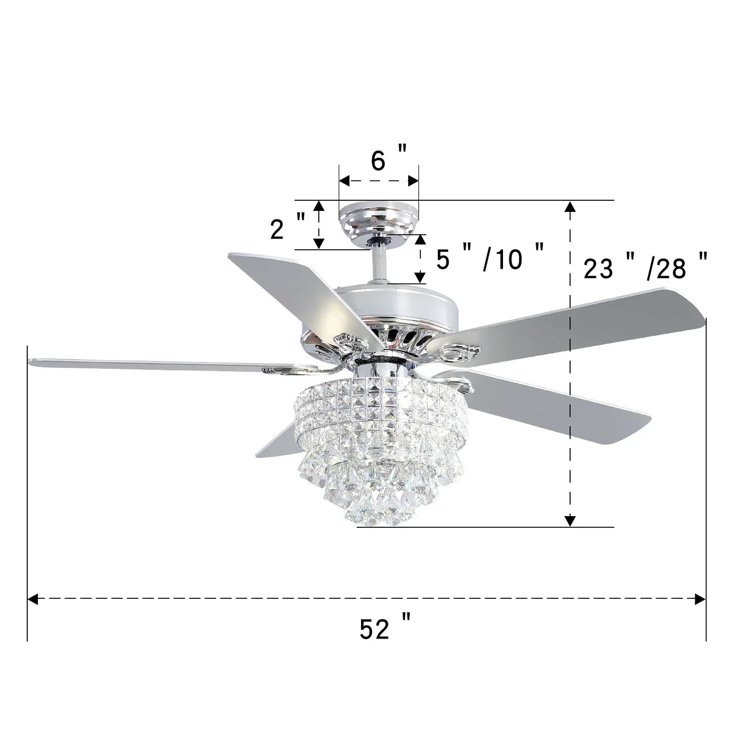 KOMORE  Modern 52 Inch Crystal 3-Light Ceiling Fan with Remote, 5 Blades for Office, Living Room, Bedroom