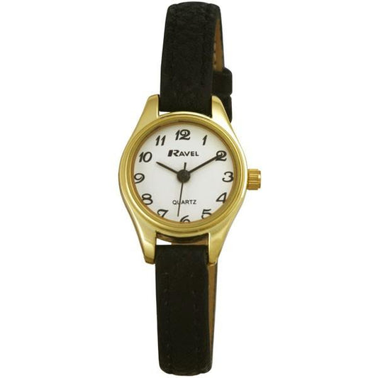 Ravel Ravel Ladies Polished Round Petite Gilt Case Black Strap Watch R0124.03.2